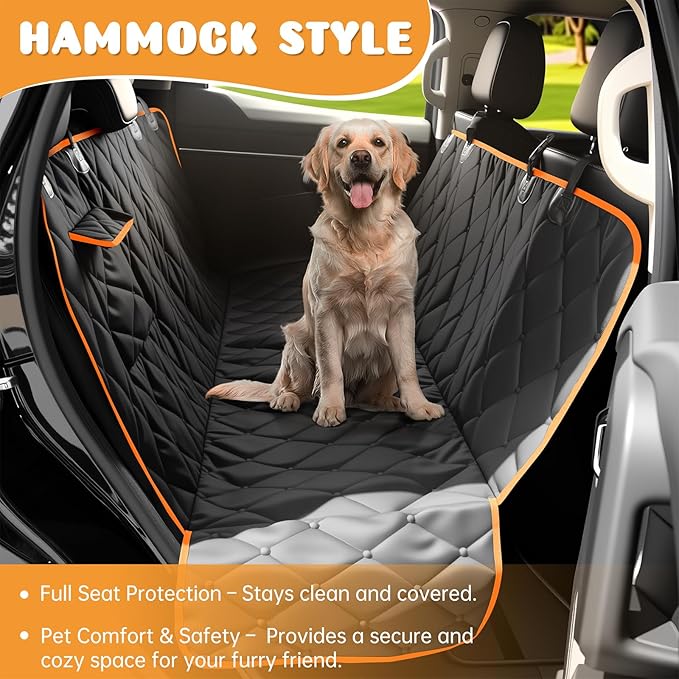 Dog Car Seat Cover for Back Seat 100% Waterproof, Long-Lasting and Soft Nonslip Backseat Dog Cover for Cars, SUVs and Trucks (Black-Orange, Standard (54" W x 59" L))
