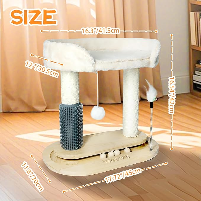 Small Cat Tree Tower, Cat Scratching Post 6-in-1 Cat Tree with Self Groomer Brush, Natural Sisal Scratcher Cute Kitten Climbing Tower with Bed, Hanging & Track Toy for Indoor, Beige