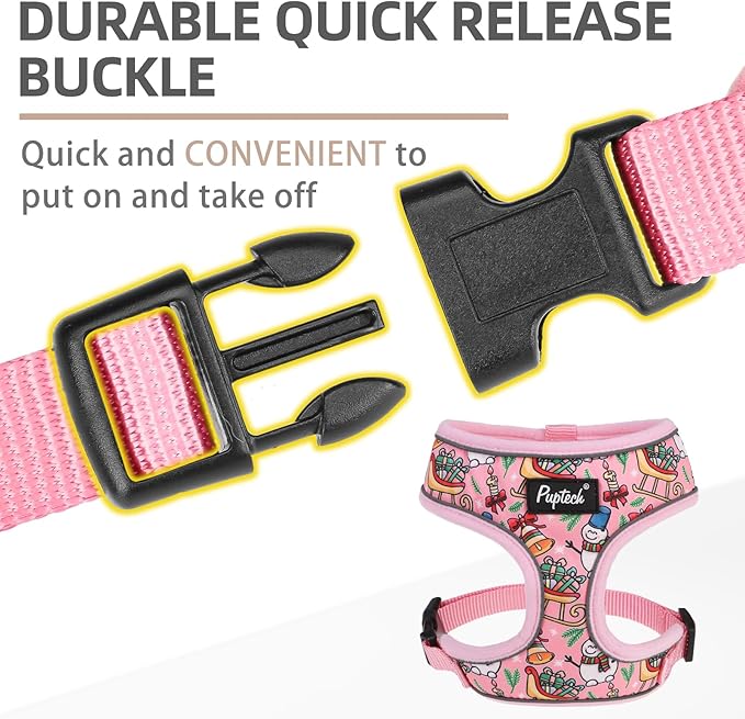 PUPTECK Soft Mesh Dog Harness and Leash Set Pet Puppy Cat Comfort Padded Vest No Pull Harnesses, Christmas Bright Pink, S
