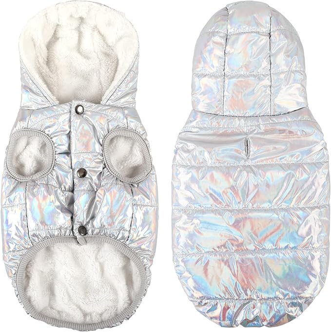Fleece Hoodie, Windproof Waterproof Coat, Winter Warm Jacket, Cold Weather Pet Apparel Clothes Vest for Small Medium Large Dogs (M, Silver)
