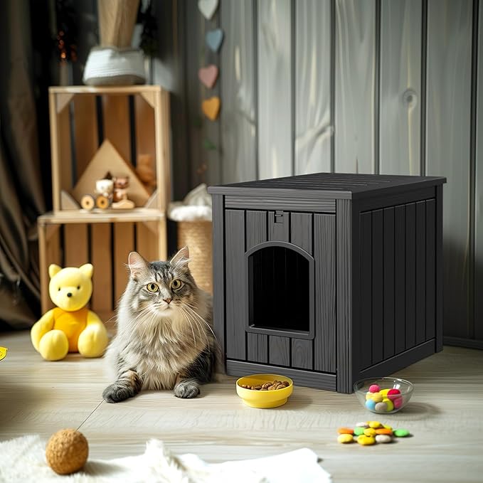 ROJIK Dog House Outdoor Waterproof,Resin Puppy Shelter Indoor with Flip Lid and Elevated Floor,Cat Duck Chicken Shelter, Portable and Easy Assembly(Black)