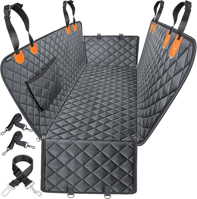 ASHLEY MADDEN Heavy Duty Dog Seat Cover for Trucks - Hard Bottom Back Seat Extender – 100% Waterproof, Nonslip Hammock with Mesh Window & Storage – Fits Cars, SUVs & Trucks