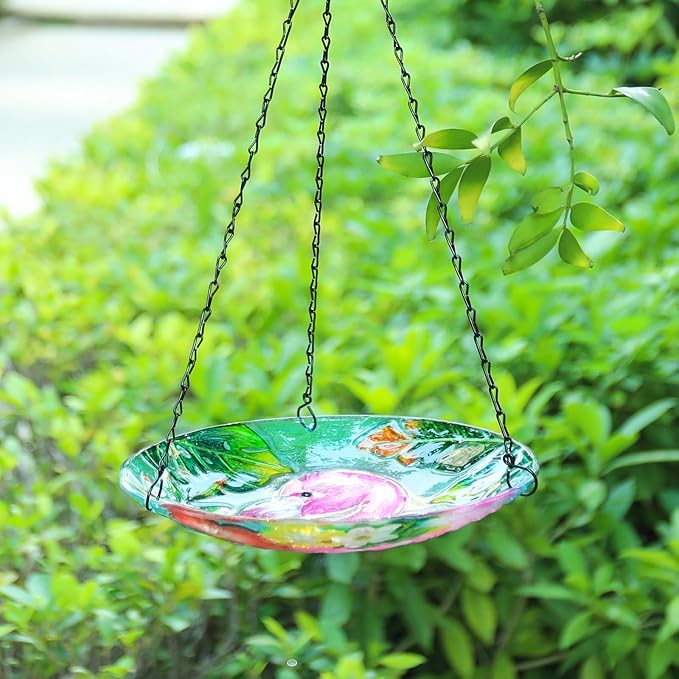 MUMTOP Hanging Bird Baths for Outdoors - Glass Bird Bath, 11 Inch Hanging Bird Bath Pink Flamingo Bird Feeder Bowl for Outside, Garden, Lawn Yard Decor