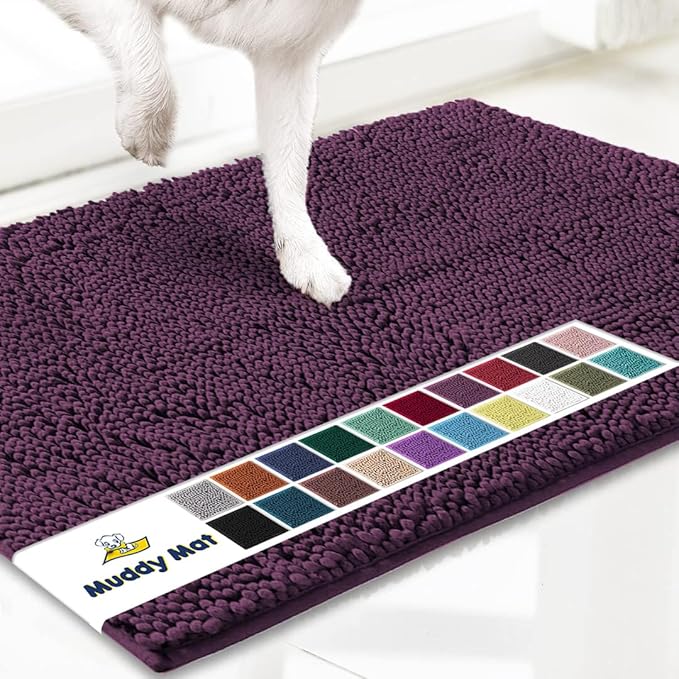 Muddy Mat® AS-SEEN-ON-TV Highly Absorbent Microfiber Door Mat and Pet Rug, Non Slip Thick Washable Area and Bath Mat Soft Chenille for Kitchen Bedroom Indoor and Outdoor - Dark Purple 36" x 120"