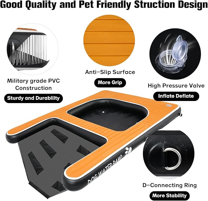 Inflatable Dog Water Platform and Dog Water Ramp 2 in 1, Upgrated Pet Floating Ladder with Non-Slip EVA Foam for Large Dogs Up to 180LBS, Suit for Pool, Lake, Dock and Boat(Large, Brown)