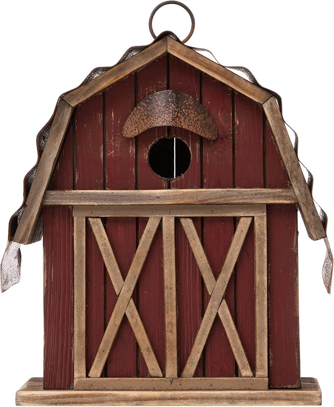 Glitzhome 10.25" H Hanging Birdhouse Rustic Wooden Barn Garden Bird House for Outdoor