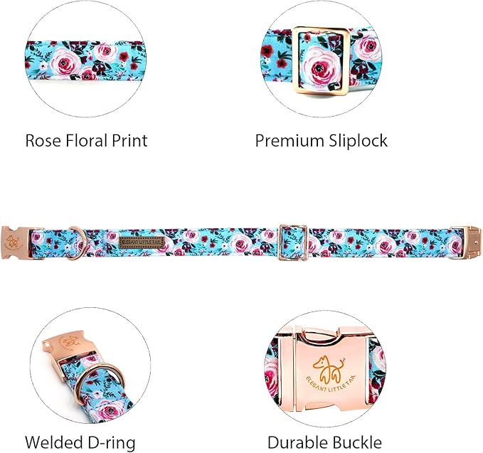Elegant Little Tail Pink Floral Print Summer Dog Collar - Cotton, Durable, Metal Buckle - Large Dogs, Blue Flower