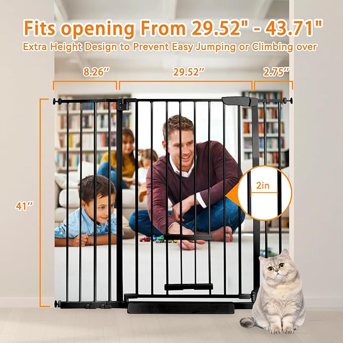 41 Inch Tall Baby Gate with Small Cat Door, Adjustable Auto Close Dog Gate Easy Walk Thru Pet Door for Stairs, Doorway, House (Black, 29.52"-43.71")