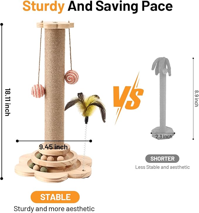 Kitten Small Cat Scratching Post Sisal Scratch Post for Indoor Cat with Hanging Ball,Solid Wooden 2 Level Track,Interactive Cat Toy