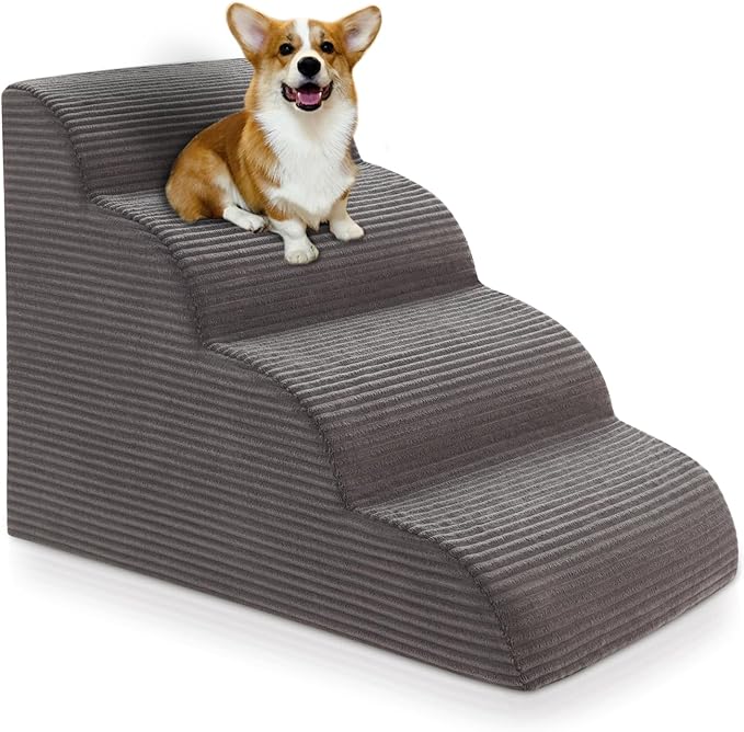 Curved Dog Stairs Ramp for Beds Couches and Chair, 15.7" H, 3-Step Dog Steps for Small Dogs, Pet Stairs for Cats with Non-Slip, Removable and Washable Cover,Balanced Pet Steps Indoor, Deep Grey