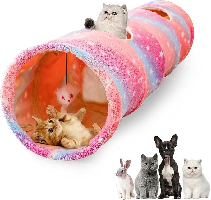 Cat Tunnels for Indoor Cats with Plush Toys Collapsible Glows in The Dark Dog Cat Tunnel Tube Toys Photoluminescent for Indoor Cats Small Dogs Puppy Kitten Rabbit Bunny Ferret Pet Rainbow