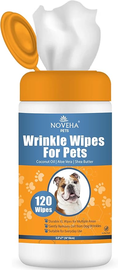 NOVEHA 5โx7โ Large Dog Wipes | Wipes for Bulldog, French Bulldog, Pug, English Bulldog | Deodorizing, for Multiple Areas Removes Dirt, Wrinkles, Folds, Tear Stain, Tail Pockets & Paws (120 Counts)