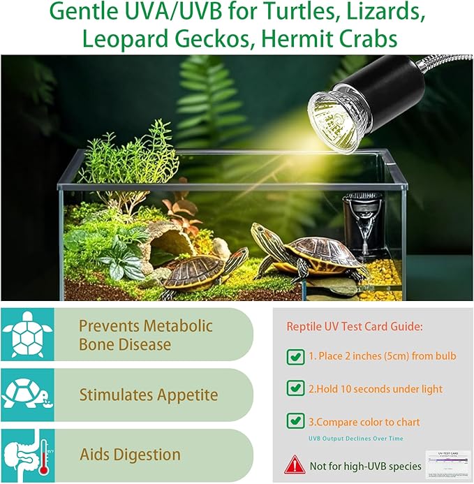 Reptile Heat Lamp with UVA/UVB - 25W & 50W Bulb Kit, 3-Speed Cycle Timer & Adjustable Stand for Turtles/Tortoises/Lizards