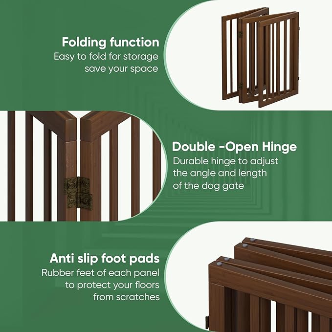 Dog Gates for Doorways, Freestanding Dog Gate Indoor, Foldable Pet Gates for Doorways Bedroom, Puppy Gate with Metal Support Feet, Room Divider 4 Panels (Dark Walnut)