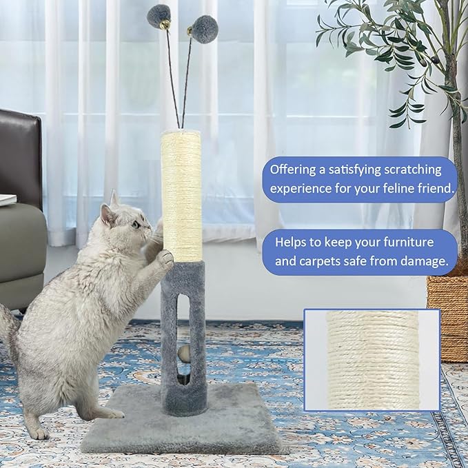 Cat Scratching Post 25 Inches Heavy Duty and Thicker Cat Scratching Post Cotton Rope with Hanging Ball and Mice Scratching Post for Indoor Cats and Adult (Gray, 25" H)