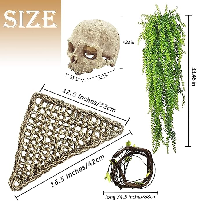 Bearded Dragon Skull Hide Decor,Reptile Natural Seagrass Hammock Lizard Lounger Reptiles Tank Accessories Jungle Climber Bendable Vine Habitat Decorations for Chameleon Spider Snakes(4Pcs)