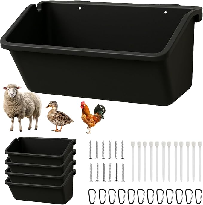 Hanging Chicken Feeder Troughs (4 Pack, 5 Qt) – Durable Black Plastic Poultry Feed & Water Buckets with Metal D‑Clips, Multi‑Animal Goat, Sheep, Duck, Pig, Horse, Chicken Coop Feeder