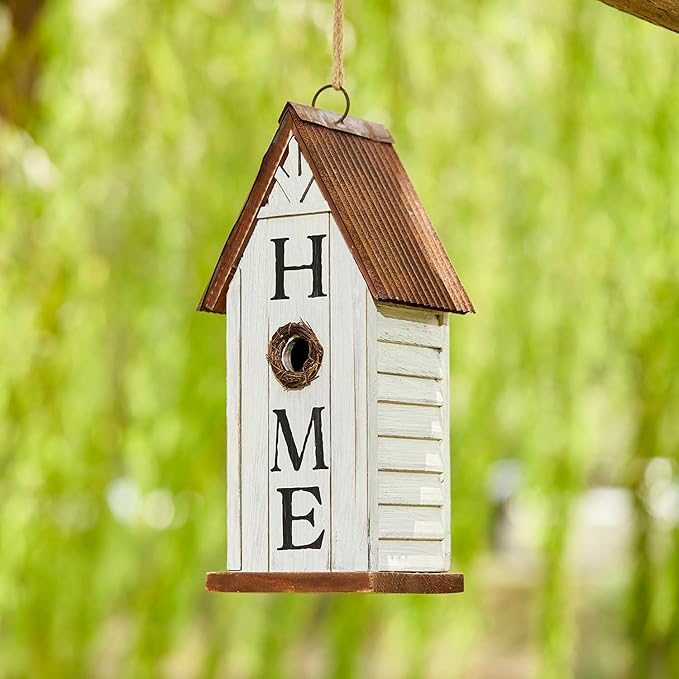 Glitzhome Decorative Bird Houses for Outdoors,14.75" H Distressed Bluebird House Solid Wood Hanging Bird House Home Inspiration Decorative Pet Cottage Outdoor Garden Birdhouse,Washed White