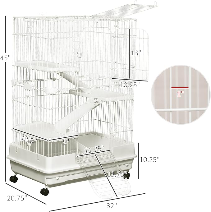 PawHut 4-Level Small Animal Cage Rabbit Hutch with Wheels, Removable Tray, Platform and Ramp for Bunny, Chinchillas, Ferret, White