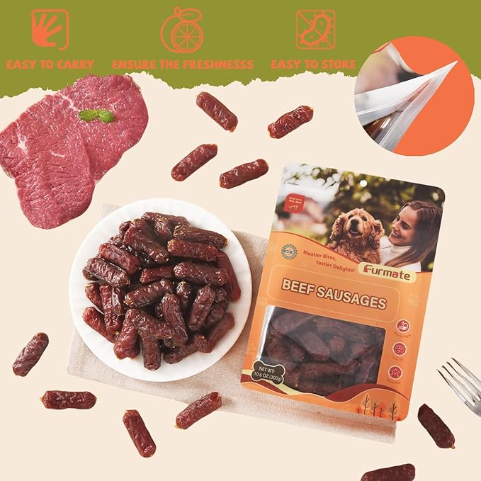 Soft Beef Sausage Dog Treats, Slow Roasted Beef Jerky for Dogs High Protein Low Fat, Grain-Free Gluten-Free Training Rewards Treats for Small Medium Large Dogs,10.58 oz