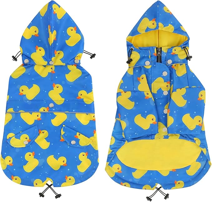HDE Dog Raincoat Poncho Double Layer Zip Rain Jacket with Removable Hood, Leash Hole for Small to 3XL Dogs and Puppies Ducks Blue - XL