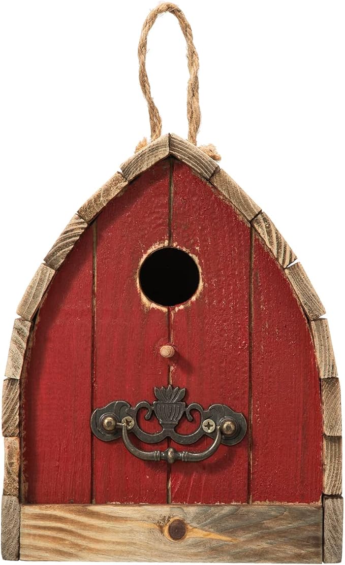 Glitzhome 8.5" H Washed Red Distressed Solid Wood Birdhouse Garden Hanging Bird House for Outdoors