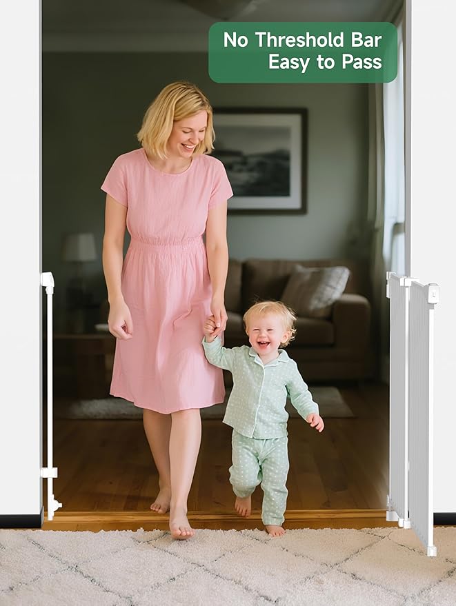 29.5-43" No Bottom Bar Baby Gate for Stairs, Auto Close Dog Gate Indoor, Hardware Mounted, Child Safety Gate for Kids with Large Walk Thru Door, Pet Gate for Doorways adn Stairs - White