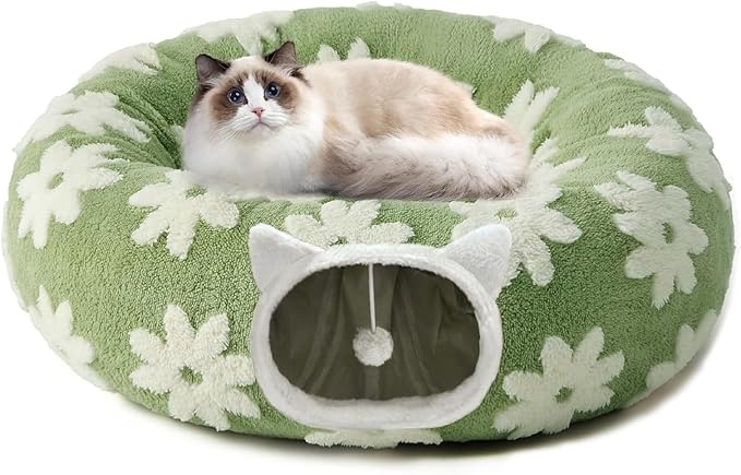 Cat Tunnel Bed for Indoor Cats, Soft Plush Donut Peekaboo Cat Cave, Multifunctional Playground Toy for Small Medium Large Cats, Kittens, Rabbits, Ferrets, with Washable Cushion(Green)