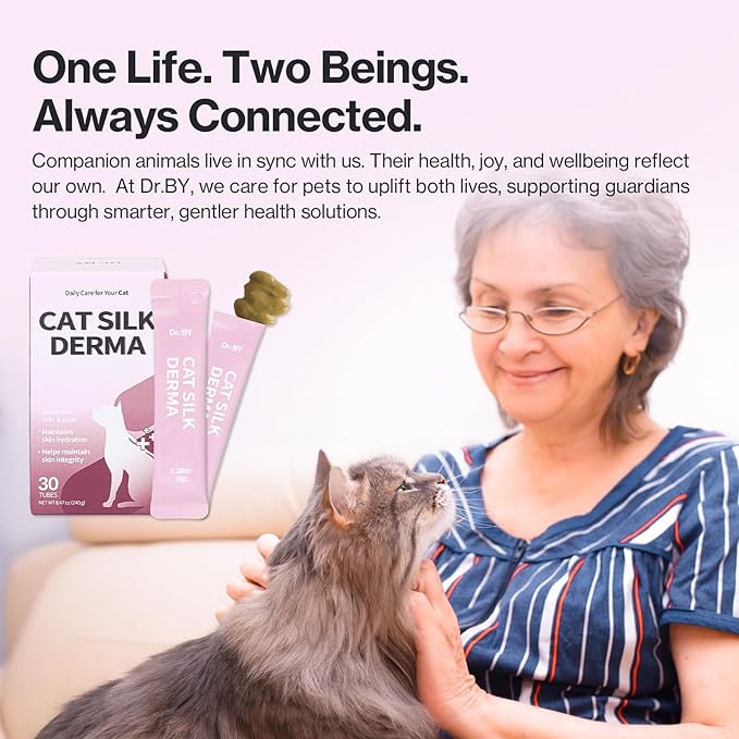 Dr.by Cat Silk Derma Lickable Feline Skin and Coat Supplement - Dandruff Treatment & Itchy Skin Relief Allergy Support for a Glossy Coat Immune Boosting Formula - 30 Individual Treat Tubes