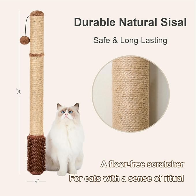 SUNRUI 34" Wall Mounted Cat Scratcher – Extra-Tall Vertical Sisal Scratching Post with Grooming Brush & Hanging Ball, Durable Space-Saving Design, Hardware Included, Brown