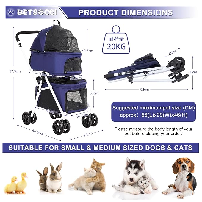 Double Dog Stroller with 2 Detachable Carrier, Portable Pet Stroller for Small Dogs & Cats Folding Lightweight Puppy Travel Carriage, 4 Wheels, Blue