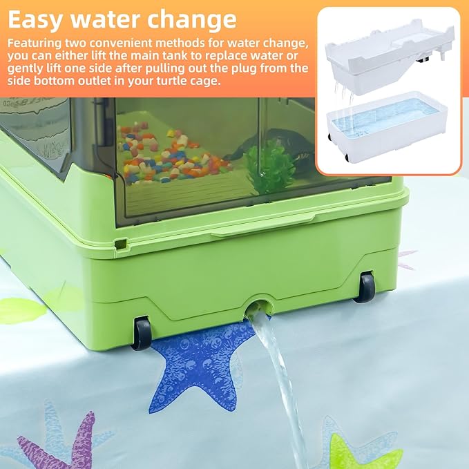Turtle Habitat Tank Kit– Fresh Filtration, Waterplay Fun, Diverse Living, Heat Lamp, Water Pump and Convenient Water Changes in Turtle cage (Green, XL)