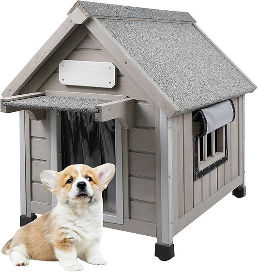 20.5" L Outdoor Dog House with Waterproof Asphalt Roof for Small to Medium Dogs,Large Wooden Indoor Dog Kennel with Anti-Chewing Metal,Oxford Cloth Window,Durable Doghouse for 1-2 Dogs