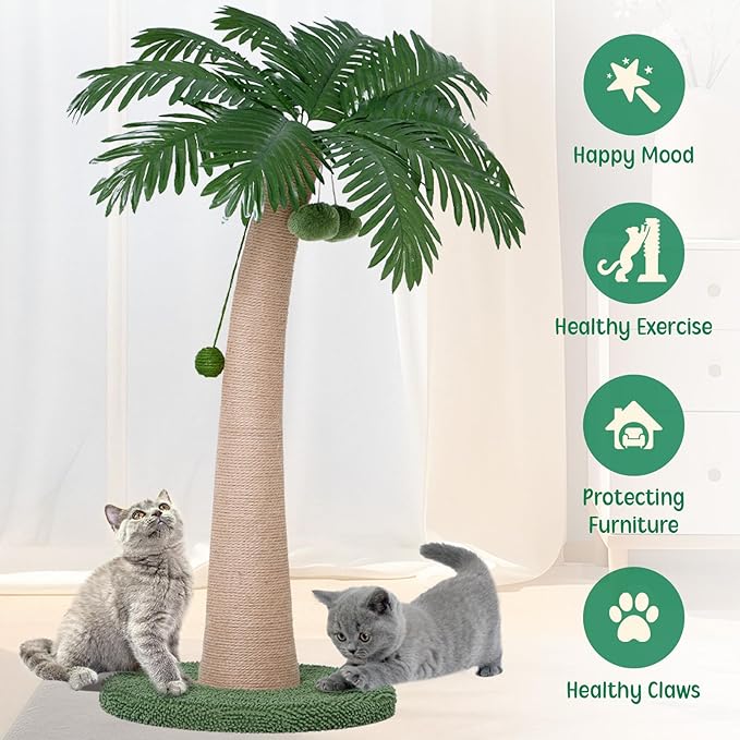 43 Inches Tall Cat Scratching Post for Large Cat, Coconut Tree Shaped Sisal Scratcher for Indoor Cat with 3 Pompoms