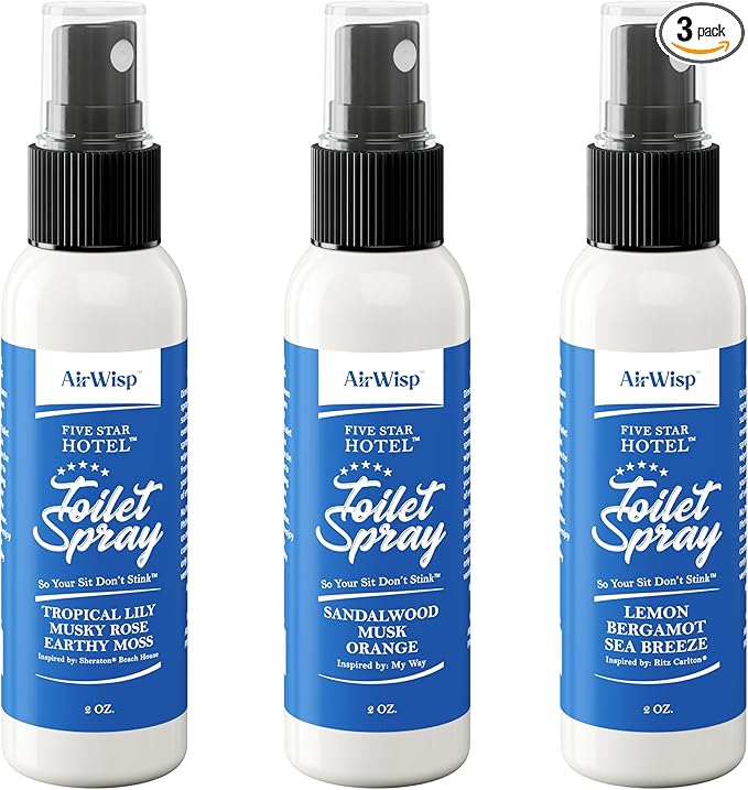 AirWisp Toilet Spray 3 Pack Variety Pack - Pre-Poop Spray Odor Eliminator - Most Popular Hotel Picks - 2 oz. Bottles - Up To 100 Uses Per Bottle - Travel Toiletry