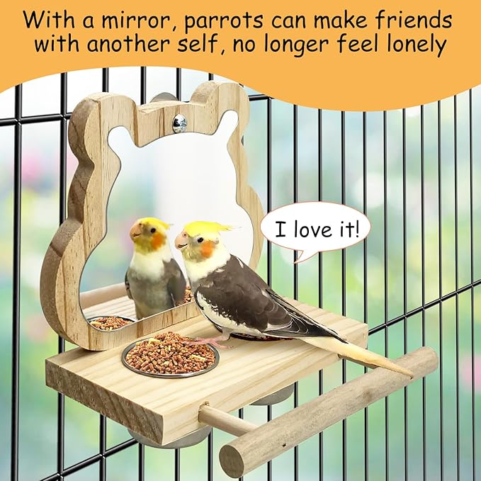 Tfwadmx Bird Parrot Wooden Feeding Cups with Wooden Platform Stainless Steel Birds Bowls Food Water Bowls with Bird Food Holder for Cockatiel Parakeet Macaw Finches Lovebirds