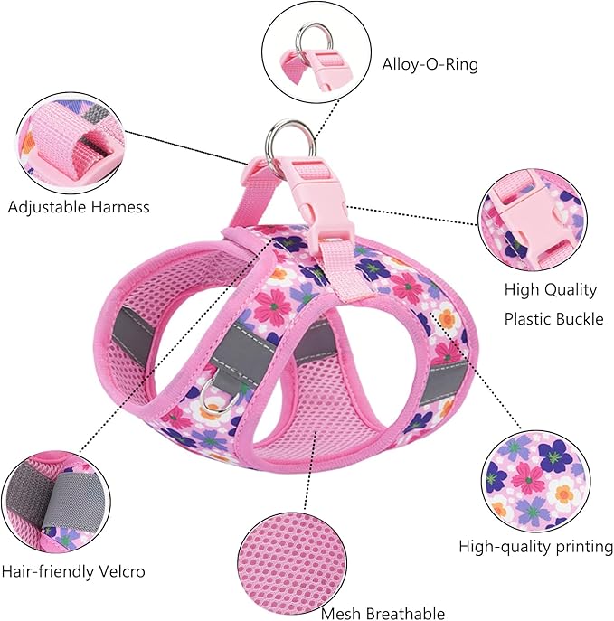 Small Dog Harness and Leash Set, Step in Dog Harness No Pull for Walking Running Training, Puppy Essentials for Dogs Cat Bunny, Adjustable Reflective Dog Vest Harness. (Pink, M)