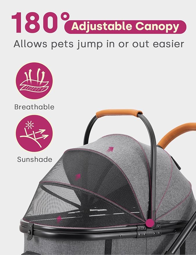 Dog Stroller for Small/Medium Dogs Up to 60lbs, 4 Wheels Folding Pet Stroller with Detachable Carrier, Pet Travel Carrier for Puppy & Cats, Storage Basket, Breathable Mesh, Grey