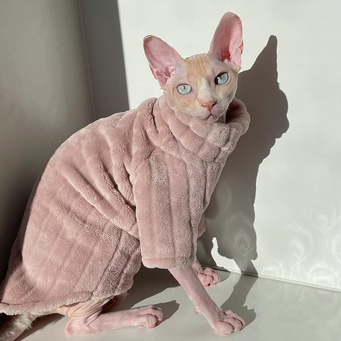 Turtleneck Sweater for Sphynx Cat Soft Coral Fleece Cat Clothes Thick Winter Warm Outfit Coat for Hairless Cats and Small Dogs Apparel with Sleeves (Pink, L (7-8.5 lbs))