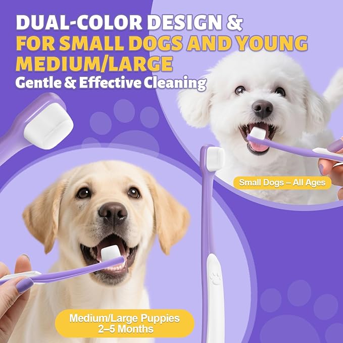 Tiny Dog Toothbrush for Small Dogs - 0.39" Mini Brush Head, Curved Handle, Soft Bristles, Dual Rubber Back, Gentle Puppy Tooth Brush Kit for Yorkie Chihuahua & Small Dog Teeth Cleaning