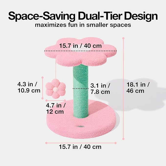 VETRESKA 18" Flora Cat Tree, Sisal Scratching Posts with Hanging Blossom Toy, Indoor Cats Furniture Activity Center for Cats Kittens, Pink