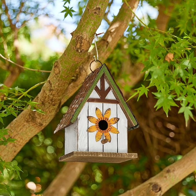 Glitzhome 8.25" H Solid Wood Decorative Hanging Bird House Distressed Cottage Outdoor Garden Birdhouse with 3D Metal Roof and Flower