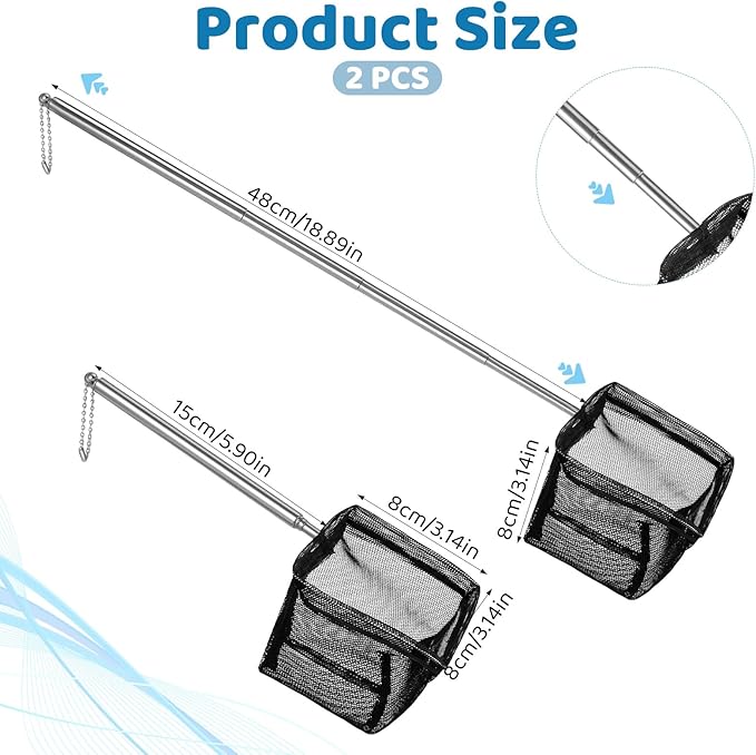 2 Pack 3 Inch Aquarium Net Small Fish Net Black Aquarium Shrimp Nets with Extendable Stainless Steel Handle Fine Tank Tool Mesh for Shrimp, Baby Fish, Food Residue Debris Skimming