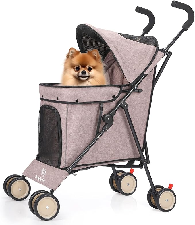 Umbrella Dog Stroller, 4 Wheels Pet Strolling, Foldable Carrier Pet Stroller for Small Dogs Cats, with Carrying Strap and Cup Holder, Dog Poop Bags & Dispenser, Up to 33 lbs, Coffee