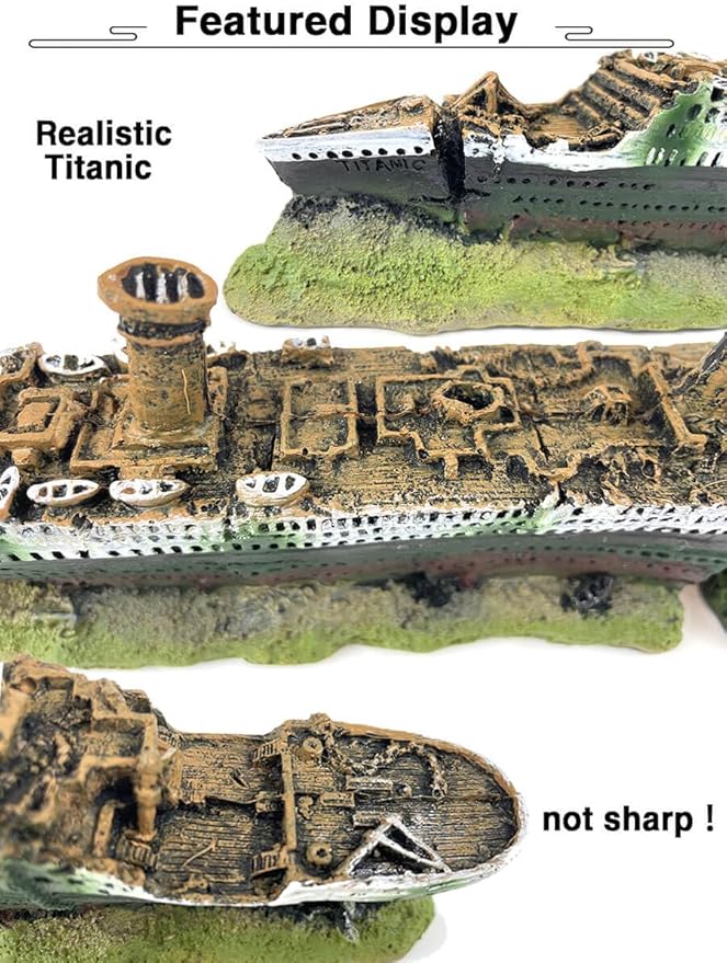 Aquarium Titanic Shipwreck Ornament - Decor Cave for Fish Tank, Sunken Ship Ornament, Aquarium Decoration - 14.2 Inches Long