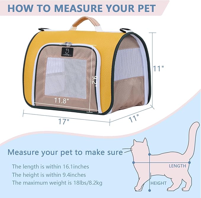 A4Pet Airline Approved Pet Carrier, Suitable for Cats, Puppies Under 18 lbs, Soft-Sided Dog Travel Carrier Collapsible and Easystore, 17" x 11" x 11", Yellow & Black