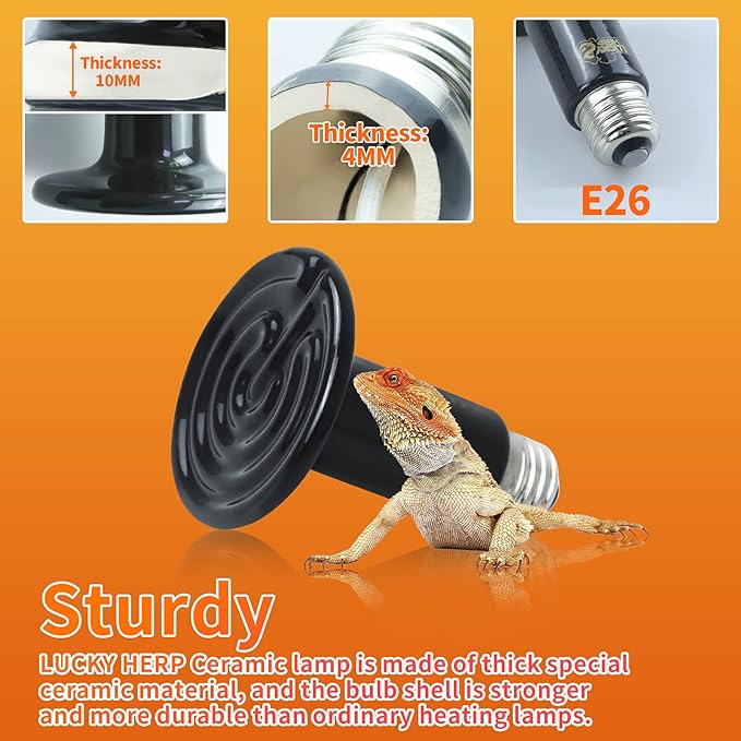 LUCKY HERP 50W Ceramic Heat Emitter, Reptile Heat Bulbs, Ceramic Heat Lamp for Reptiles, Amphibian, Chicken, Dog, Cat (2-Pack)