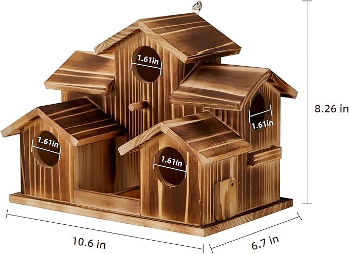 Bird House for Outside 5 Hole Bird Houses Room for 5 Bird Families Large Bird House for Garden/Courtyard/Backyard for Garden Decor-Finch Bluebird Cardinals Handmade Wooden Hummingbird House