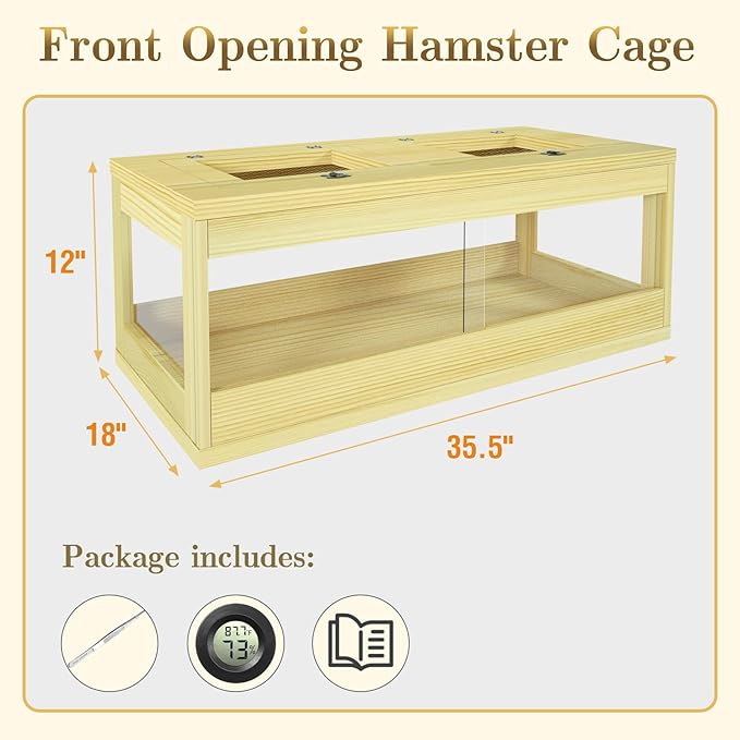 Large Hamster Cage, Solid Wood Gerbil Cage, Chewproof Hamster Cages and Habitats, Sliding Doors, Top Ventilation Window, Guinea Pig Cages for Small Animals, Dwarf, Syrian, Mice, 36" x 18" x 12"