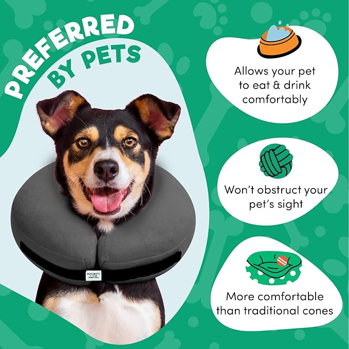 BENCMATE Inflatable Dog Cone Collar Alternative, Soft Dog Cone for Small Medium Large Dogs and Cats, Neck Recovery ECollar Donut Collar After Surgery (Medium, Dark Grey)